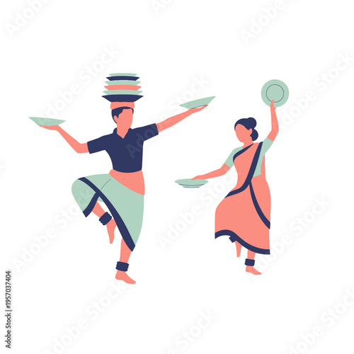 Indian dancers balancing plates on heads and hands, traditional performance art