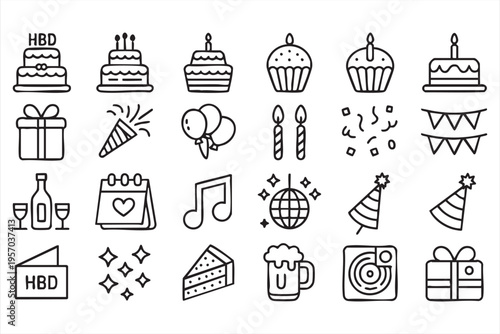 Birthday Party And Celebration Outline Icon Set With Cake Balloons And Gifts