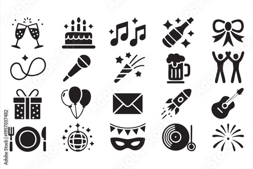 Party Celebration Solid Icon Set With Champagne Music And Fireworks
