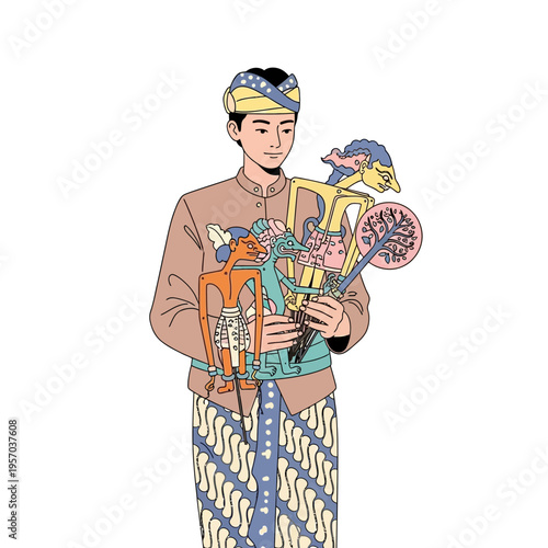 Indonesian Man in Traditional Attire Holding Wayang Kulit Puppets