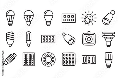 Modern Lighting Fixture Icons Featuring LED Lamps And Ceiling Lights