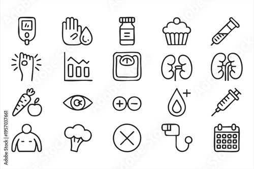 Diabetes Care And Nutrition Icons For Healthy Lifestyle And Treatment