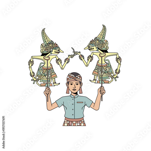 Indonesian Puppeteer Holding Wayang Kulit Shadow Puppets