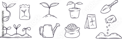 Hand drawn gardening doodle set in minimalist line art style. Icons of plant sprouts, seeds, watering can, trowel, and potting soil bags isolated on white. 