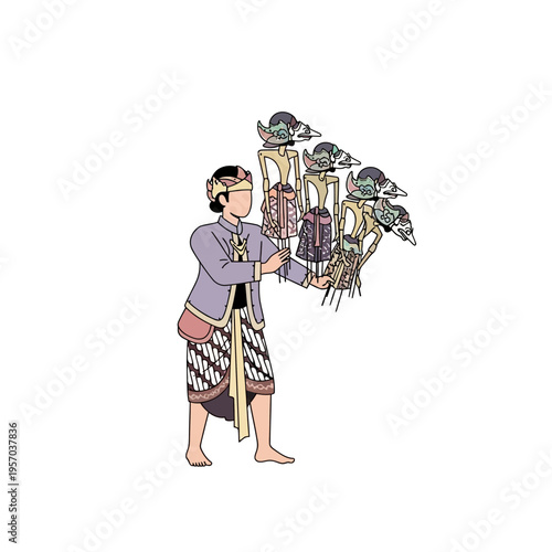 Indonesian puppeteer with traditional wayang kulit shadow puppets