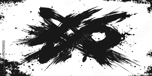 Grungy black ink splat vector illustration featuring a dirty paint splatter texture with artistic drip stains and a spray brush blot design element