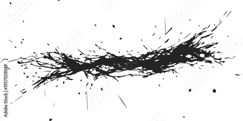 Black ink splat and liquid splashes create a grunge texture with artistic blots, featuring a black paint spray and water drop pattern on a dirty vector silhouette design