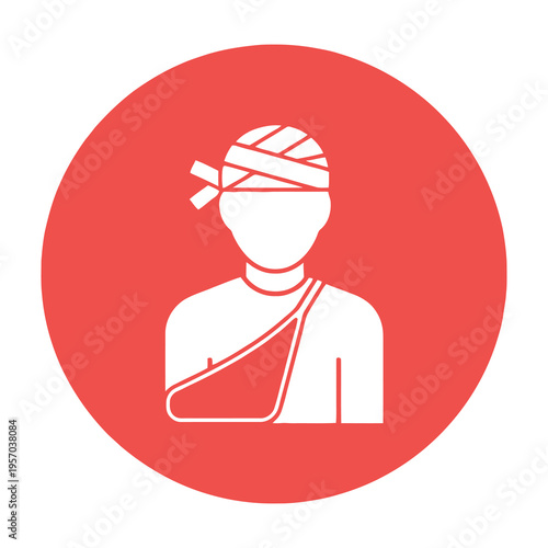 Injured person with bandaged head and sling on arm in red circle