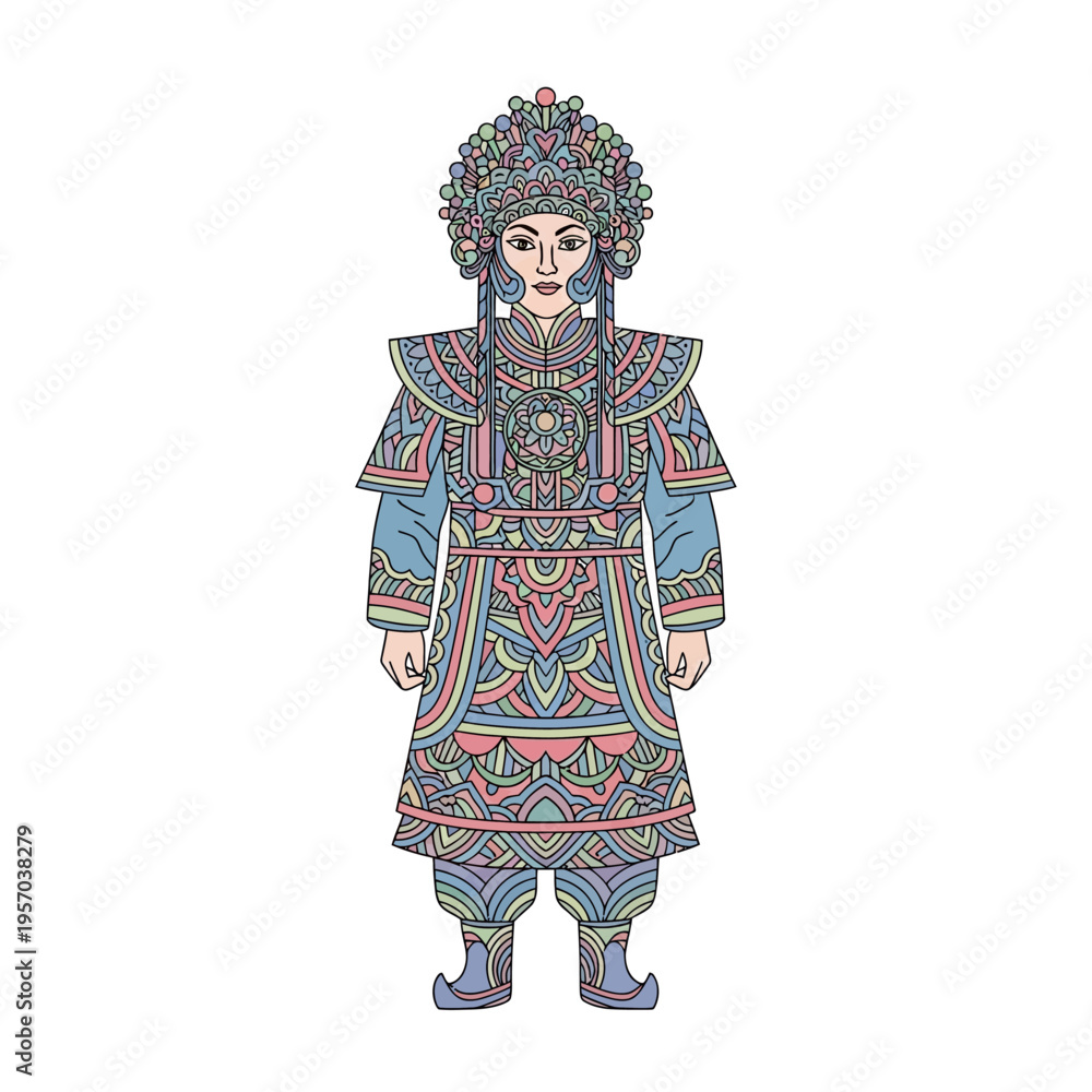 Fototapeta premium Ornate Traditional Asian Warrior Costume with Intricate Patterns and Headdress