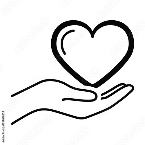 Hand holding heart symbol love care compassion gesture simple line art illustration