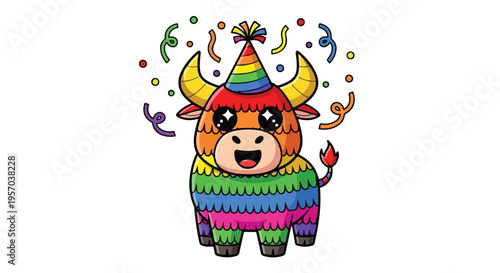 Colorful cartoon bull wearing a party hat with confetti on a white background, conveying a festive mood.