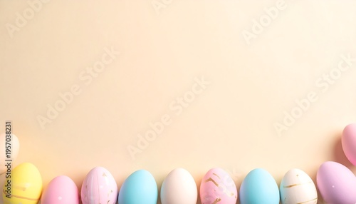 Line of colorful easter eggs on yellow background