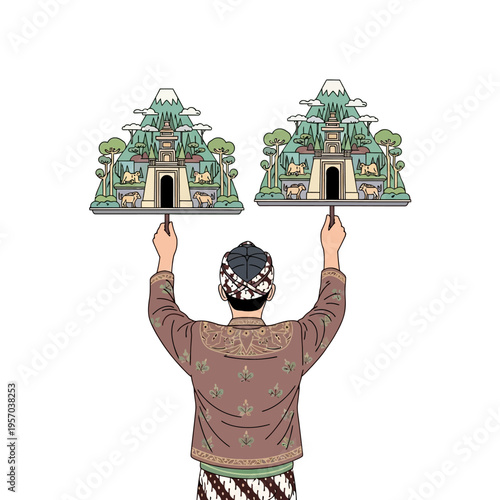 Man in traditional attire holding two miniature villages with mountains and mosques