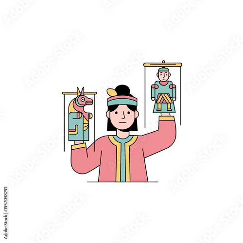 Person holding traditional puppets, horse and soldier figures, folk art, entertainment