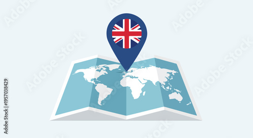 Flat lay illustration of a folded map with a UK flag pin on a light blue background, conveying travel and geography.