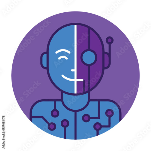 Robot and human face split in half on purple background symbolizing technology and humanity fusion