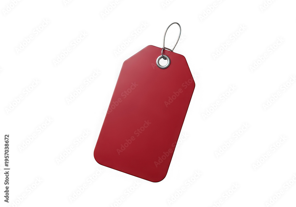 Fototapeta premium A single blank red rectangular paper merchandise tag with a silver metal eyelet and wire string isolated on transparent background