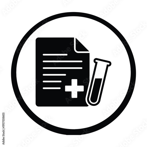 Medical document with test tube in black and white circular icon for healthcare or laboratory concept