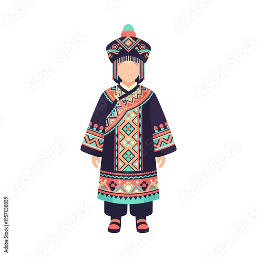 Traditional Mongolian Child Costume Illustration, Flat Design, Ethnic Clothing