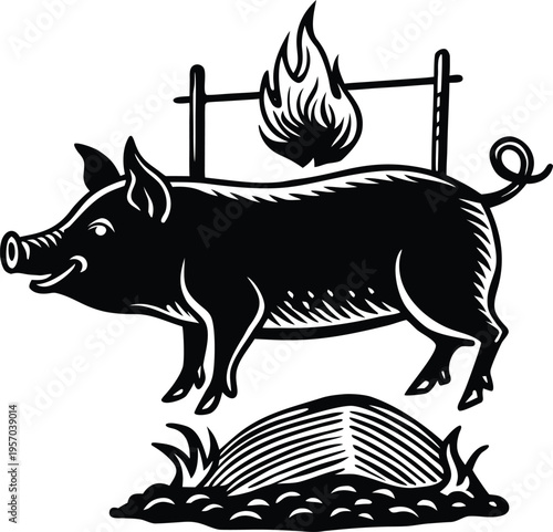 A detailed, black and white illustration of a pig being roasted over a fire. The pig, positioned in the center, is suspended horizontally on a rotisserie, seemingly in mid-air above a fire. The pig is