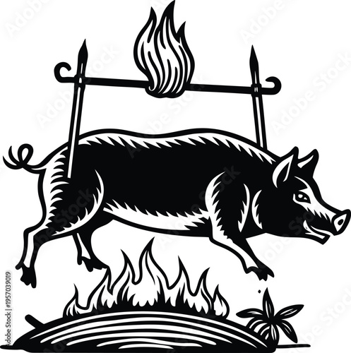 A detailed, black and white illustration of a pig being roasted over a fire. The pig, positioned in the center, is suspended horizontally on a rotisserie, seemingly in mid-air above a fire. The pig is
