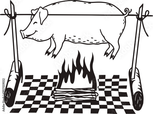 A detailed, black and white illustration of a pig being roasted over a fire. The pig, positioned in the center, is suspended horizontally on a rotisserie, seemingly in mid-air above a fire. The pig is