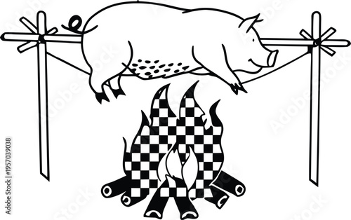 A detailed, black and white illustration of a pig being roasted over a fire. The pig, positioned in the center, is suspended horizontally on a rotisserie, seemingly in mid-air above a fire. The pig is