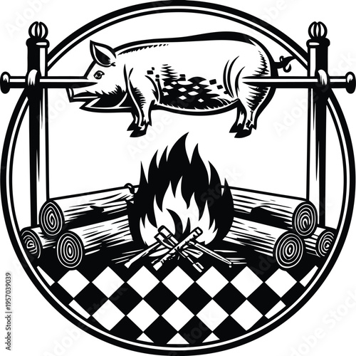 A detailed, black and white illustration of a pig being roasted over a fire. The pig, positioned in the center, is suspended horizontally on a rotisserie, seemingly in mid-air above a fire. The pig is