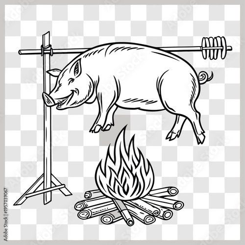 A detailed, black and white illustration of a pig being roasted over a fire. The pig, positioned in the center, is suspended horizontally on a rotisserie, seemingly in mid-air above a fire. The pig is