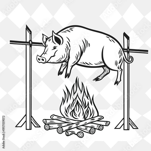 A detailed, black and white illustration of a pig being roasted over a fire. The pig, positioned in the center, is suspended horizontally on a rotisserie, seemingly in mid-air above a fire. The pig is