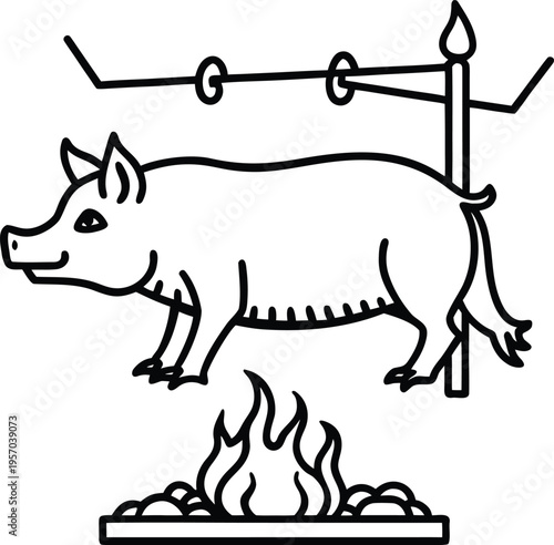 A detailed, black and white illustration of a pig being roasted over a fire. The pig, positioned in the center, is suspended horizontally on a rotisserie, seemingly in mid-air above a fire. The pig is