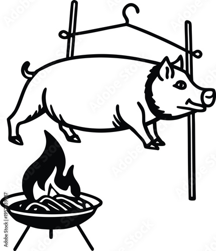A detailed, black and white illustration of a pig being roasted over a fire. The pig, positioned in the center, is suspended horizontally on a rotisserie, seemingly in mid-air above a fire. The pig is