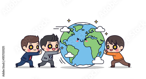 Three cartoon children pushing a large globe from different sides with effort and determination on a white background.
