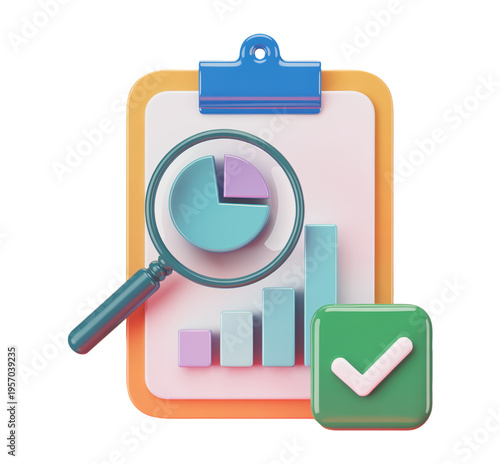 3D Business Analytics Clipboard with Charts Magnifier and Approval Checkmark Illustration