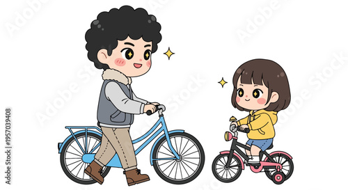 A cheerful man pushing a bicycle while a little girl rides her pink bike with training wheels on a clean white background.