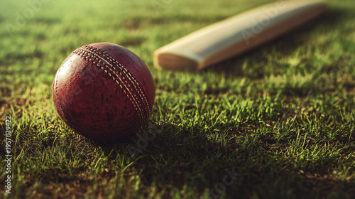 Close-up view of a vintage cricket ball and bat resting on lush green grass during daytime