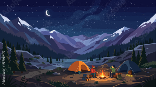 Two friends enjoy a cozy campfire at a mountain campsite under a starry night sky with a crescent moon, highlighting adventure and togetherness.