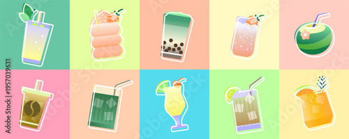 Tropical beverage vector set with colorful cocktails, bubble tea and fresh drinks on pastel backgrounds
