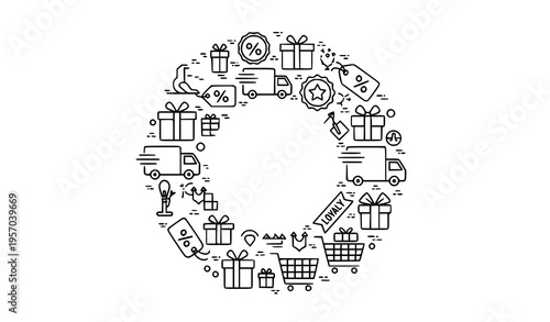 Circular gifts and giving outline icon collection with presents delivery shopping and reward symbols vector