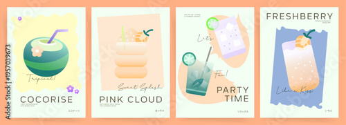 Summer drinks poster design vector set. Wallpaper with tropical coconut, pink cocktail, party time citrus drinks and fresh berry sparkling soda. Illustration for promotion, marketing, sale and decor.