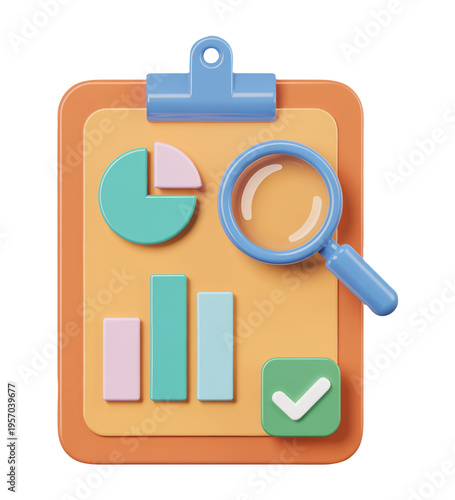 3D Business Analytics Clipboard with Data Charts Magnifying Glass and Approval Checkmark