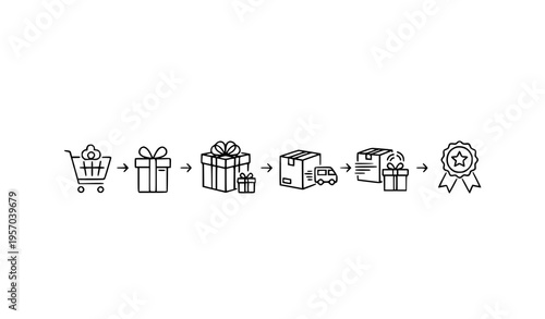 Gifting process linear icon set with shopping delivery presents and loyalty reward editable stroke vector
