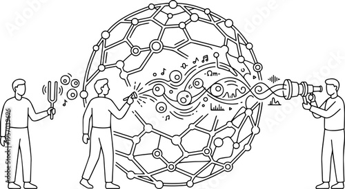 Line art vector of scientists analyzing sound waves and frequencies in a network sphere