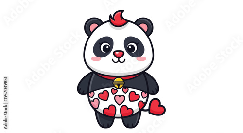 A cartoon panda character wearing a red collar and heart-patterned dress on a plain white background with a cute expression.