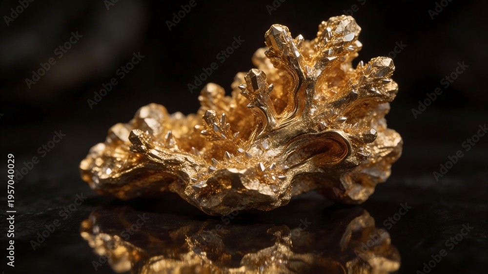Obraz premium Golden mineral specimen on reflective surface