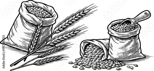 A detailed, black and white illustration of various agricultural elements is presented against a transparent background. Several sacks filled with grains are shown, one open and spilling its contents,