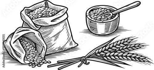 A detailed, black and white illustration of various agricultural elements is presented against a transparent background. Several sacks filled with grains are shown, one open and spilling its contents,