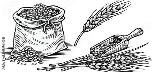 A detailed, black and white illustration of various agricultural elements is presented against a transparent background. Several sacks filled with grains are shown, one open and spilling its contents,