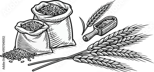 A detailed, black and white illustration of various agricultural elements is presented against a transparent background. Several sacks filled with grains are shown, one open and spilling its contents,