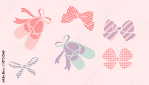 Collection elegant feminine ballet flats with ribbons vector flat illustration ballerina shoes